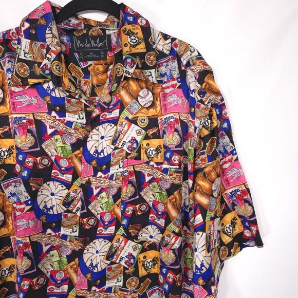 Nicole Miller Vintage Shirt Size XL 100% SILK World Series 90s Short Sleeve RARE